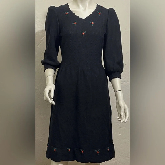 Vintage 80s ADOLFO at Saks Fifth Ave Black Knit Floral Dress Wool Blend Sz Small - Picture 1 of 13